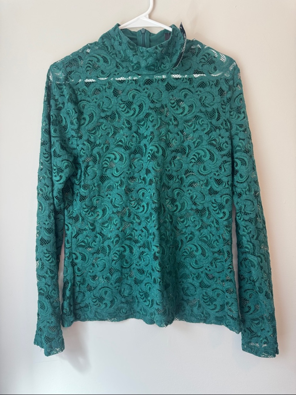 White House Black Market Women's Teal Lace Long-Sleeve Mock Neck Top